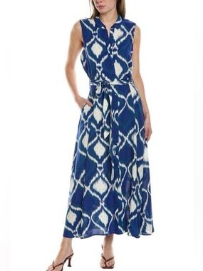 Ellen Tracy Sleeveless Blue and White Ikat Maxi Dress with Waist Tie